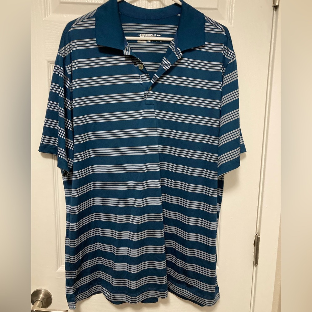 *Nike Golf Dri Fit Size X-Large Blue Striped Short Sleeve Polo Shirt #IR